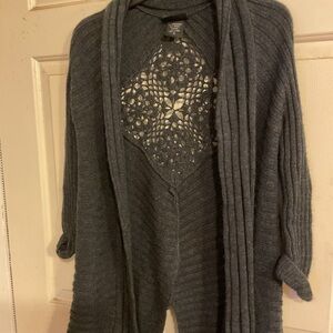 Women’s GOTHIC OPEN FRONT CARDIGAN RIBBED SHAWL COLLAR /CROCHET BACK S.(36”chest